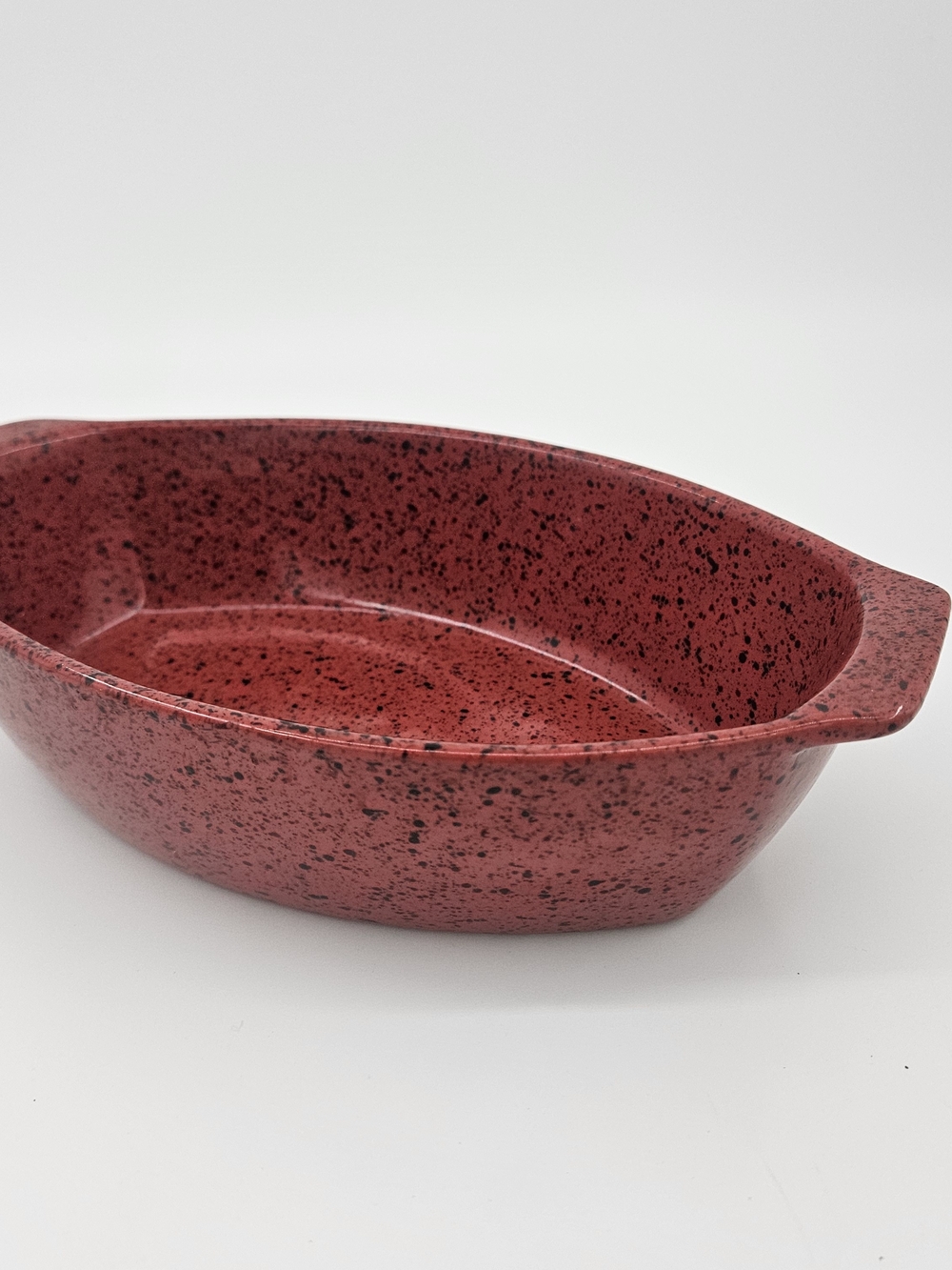 Cerutil Stoneware Baking Dish, Red W/Black Speckle  Made In Portugal  Sm Oval